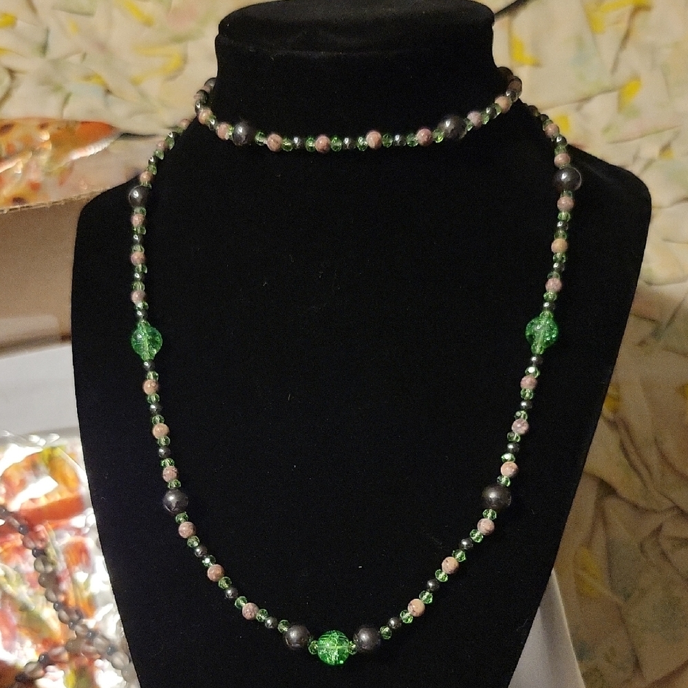 "Refreshing"; Green Crystal & Crackle Glass, Hematite & Jasper Beaded Necklace